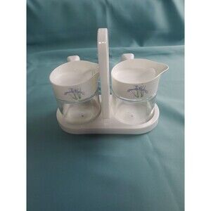 Vtg Gemco Blue Floral Vinate Iris Creamer & Sugar Set w/ Caddy Read